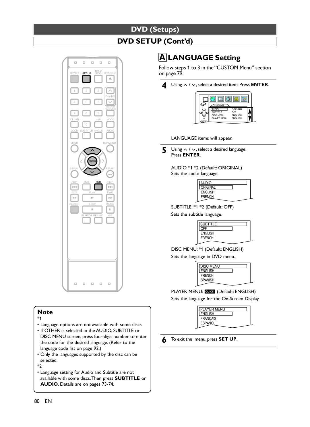 Symphonic CHSP80G owner manual DVD Setup Cont’d Language Setting 