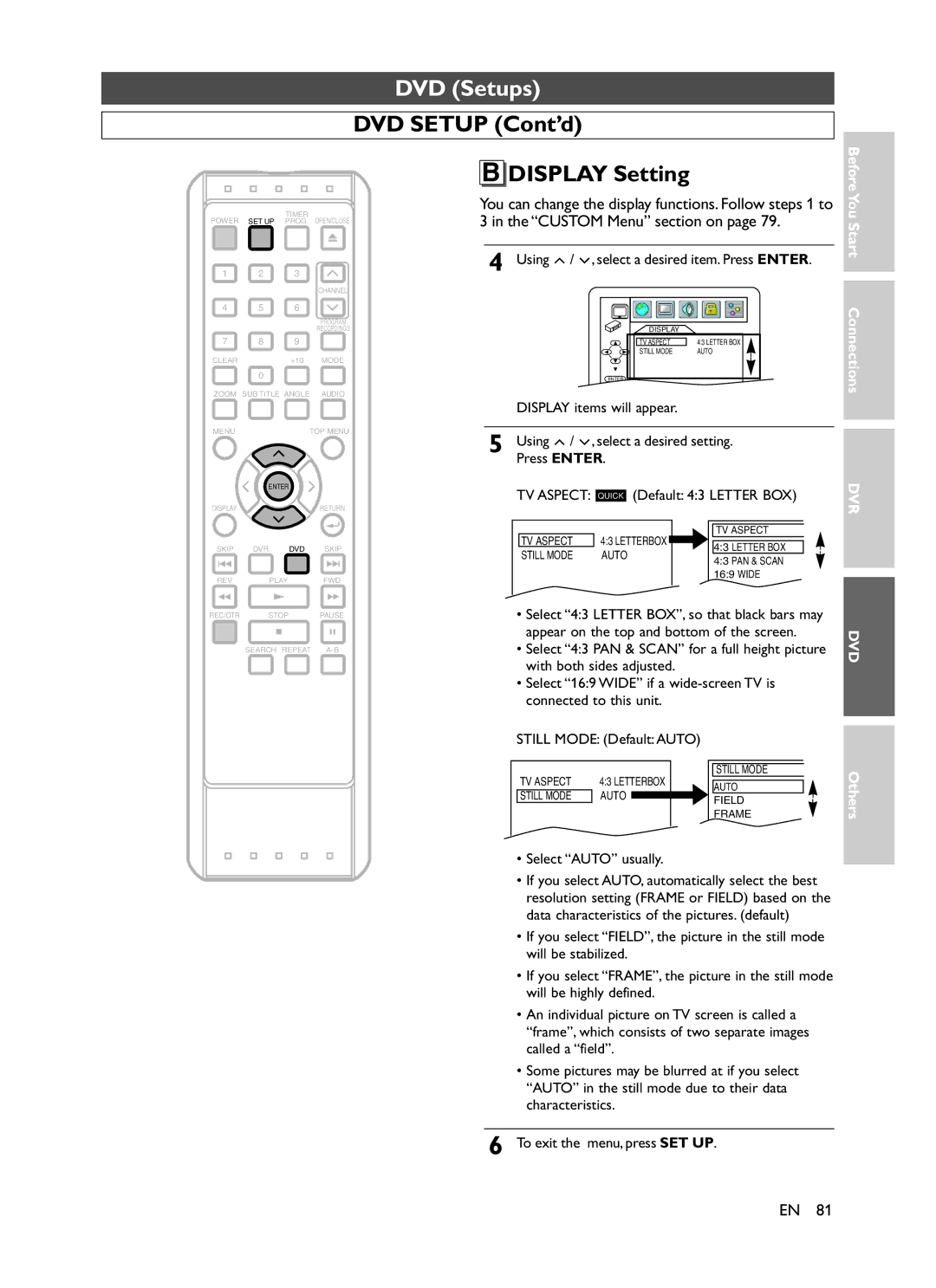 Symphonic CHSP80G owner manual DVD Setup Cont’d Display Setting 