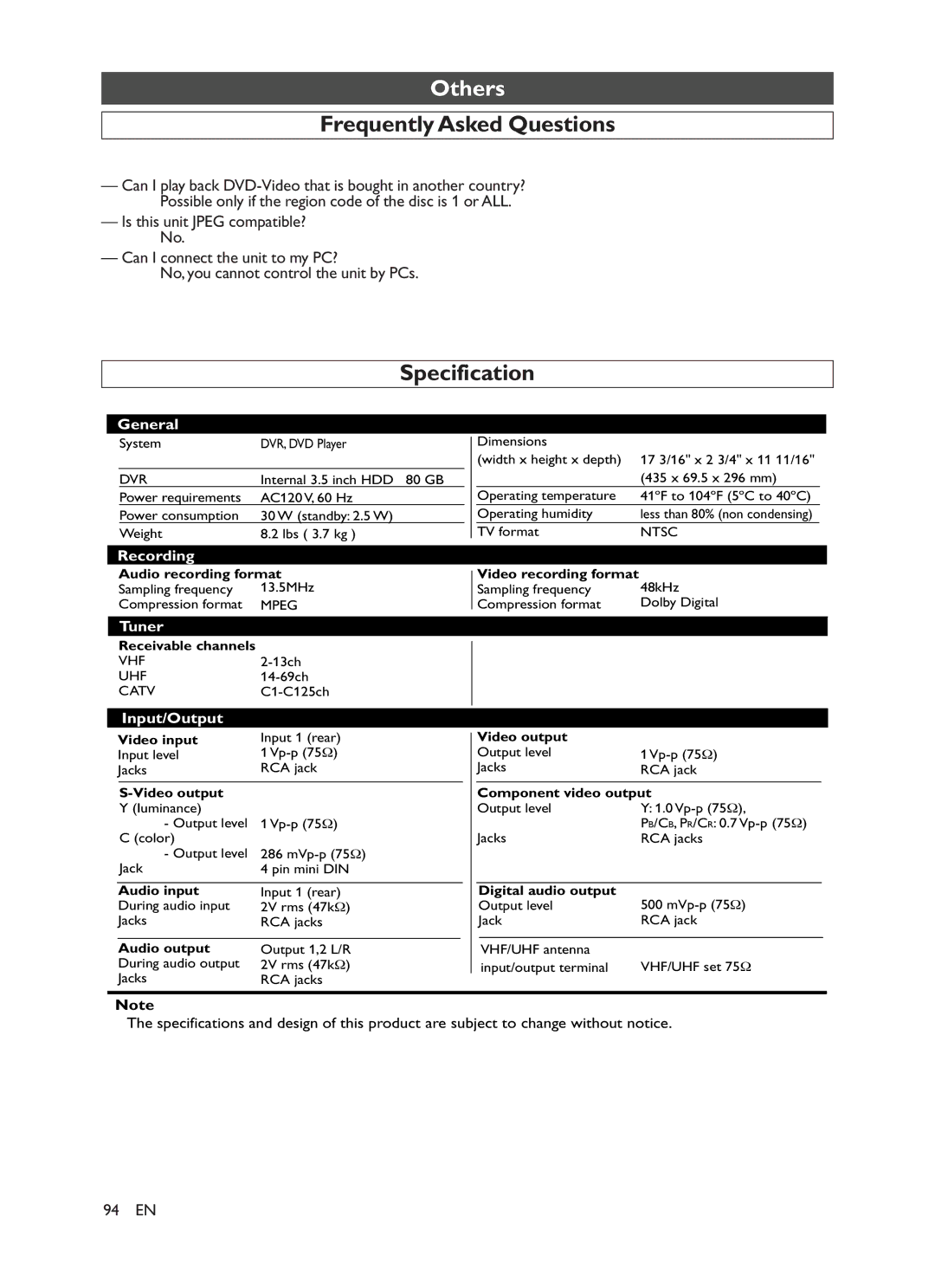 Symphonic CHSP80G owner manual Frequently Asked Questions, Specification 