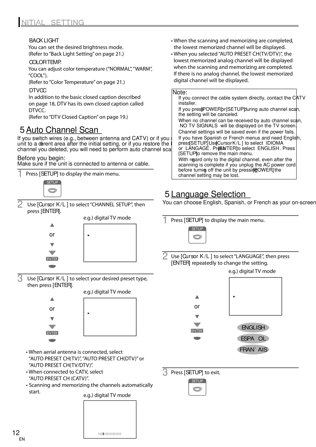 Symphonic CLC200YM8 owner manual 5Auto Channel Scan, 5Language Selection 