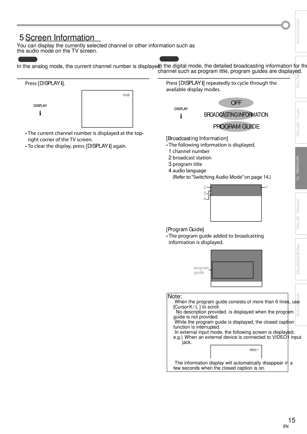 Symphonic CLC200YM8 owner manual 5Screen Information, Off, Broadcasting Information, Program Guide 