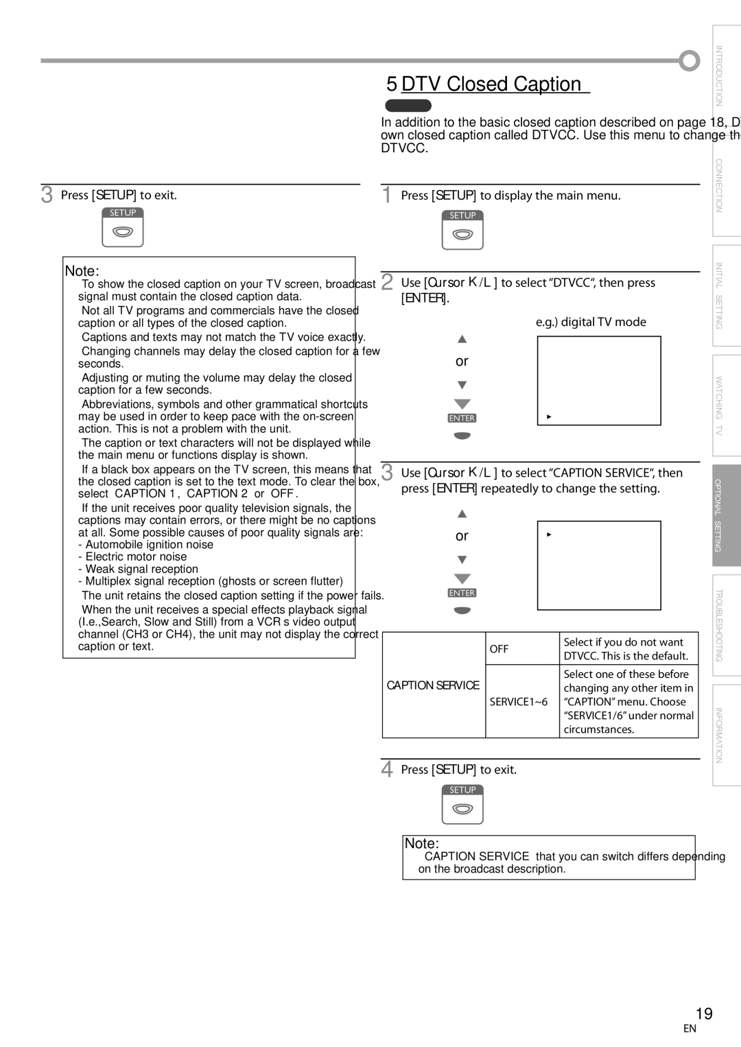 Symphonic CLC200YM8 owner manual To select DTVCC, then press, Enter, To select Caption SERVICE, then, Use Cursor 