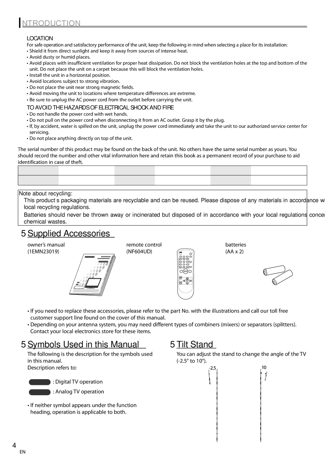 Symphonic CLC200YM8 owner manual 5Supplied Accessories, 5Symbols Used in this Manual, 5Tilt Stand, Location 