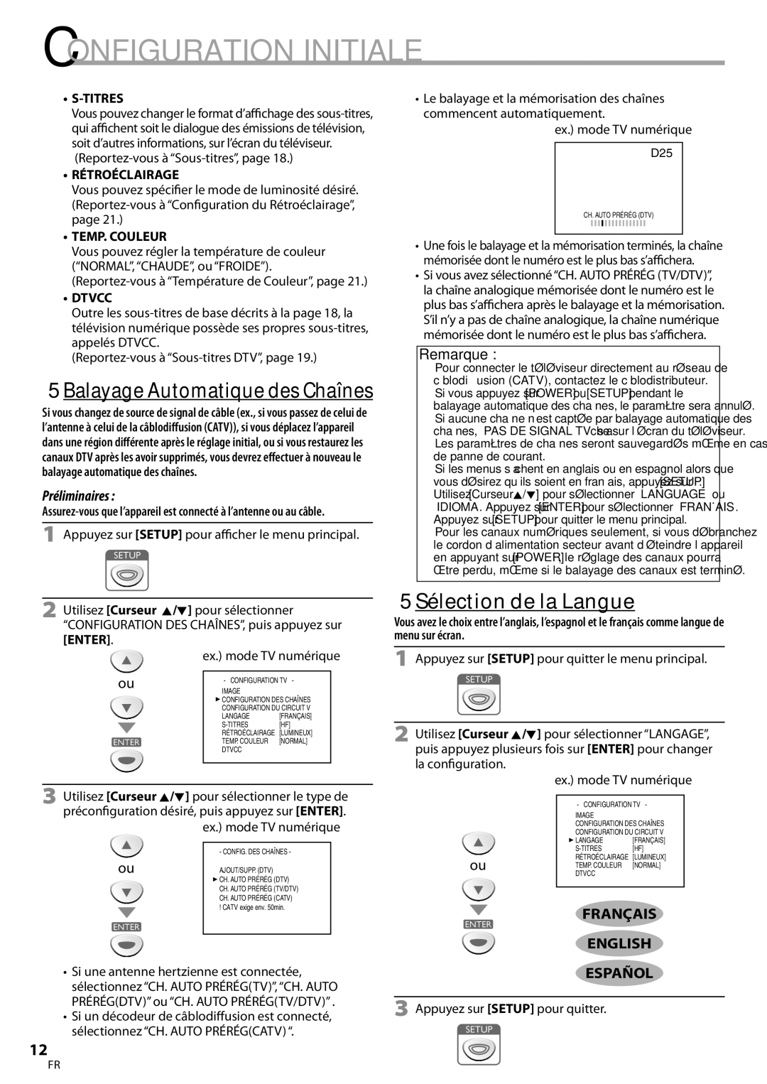 Symphonic CLC200YM8 owner manual 5Sélection de la Langue, Français English Español, Titres, Rétroéclairage, TEMP. Couleur 