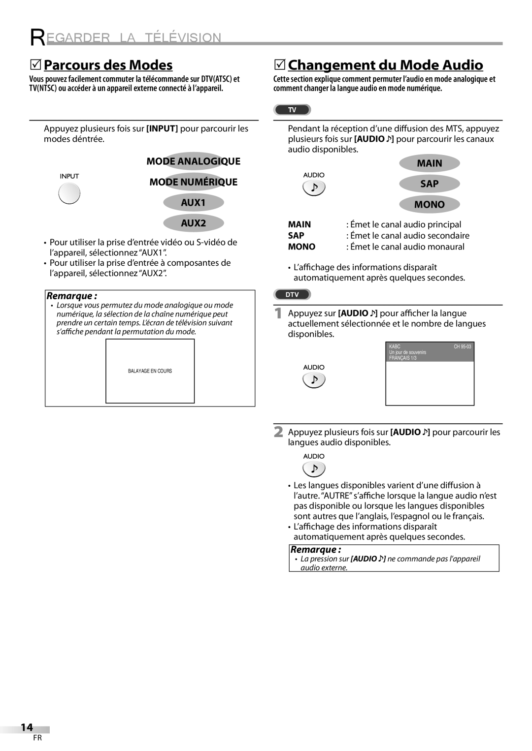 Symphonic CLC200YM8 owner manual Regarder LA Télévision, 5Parcours des Modes, 5Changement du Mode Audio 