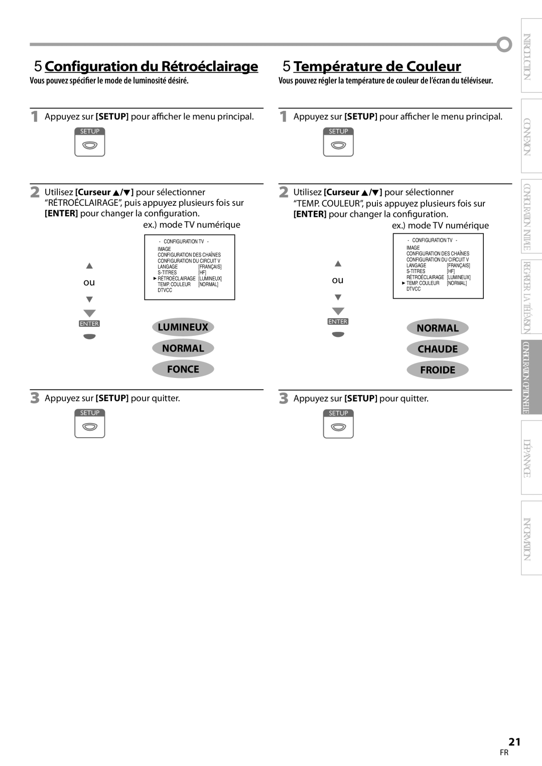 Symphonic CLC200YM8 owner manual 5Température de Couleur, Lumineux Normal Fonce, Chaude, Froide 