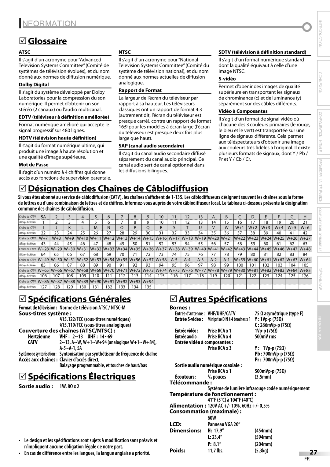 Symphonic CLC200YM8 owner manual Glossaire, 5Désignation des Chaînes de Câblodiffusion, 5Spécifications Électriques 