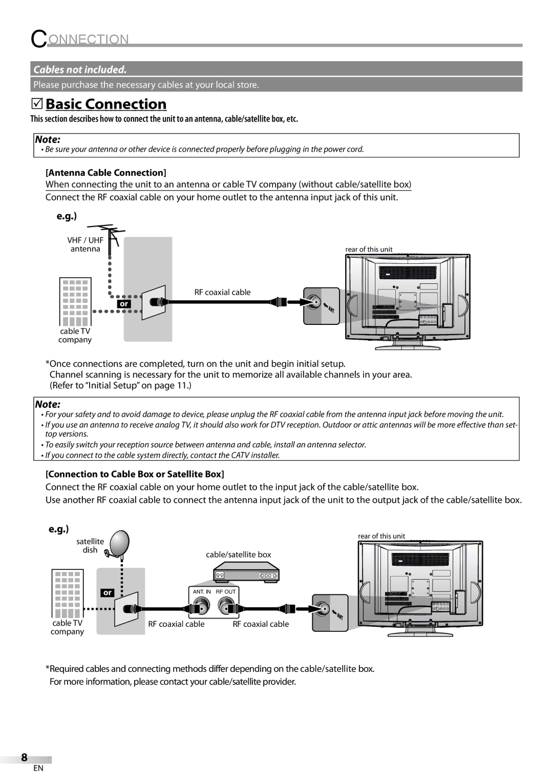 Symphonic CLC200YM8 owner manual 5Basic Connection, Antenna Cable Connection, Connection to Cable Box or Satellite Box 