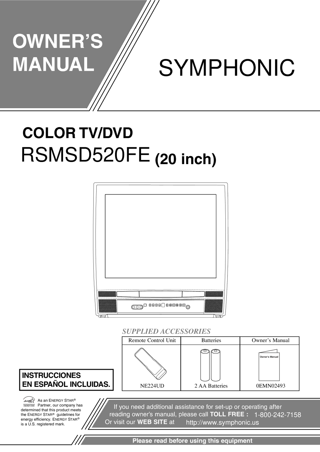 Symphonic COLOR TV/DVD owner manual RSMSD520FE 20 inch, Supplied Accessories 