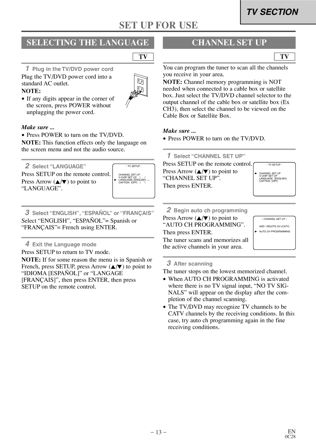 Symphonic COLOR TV/DVD owner manual SET UP for USE, Selecting the Language, Channel SET UP 