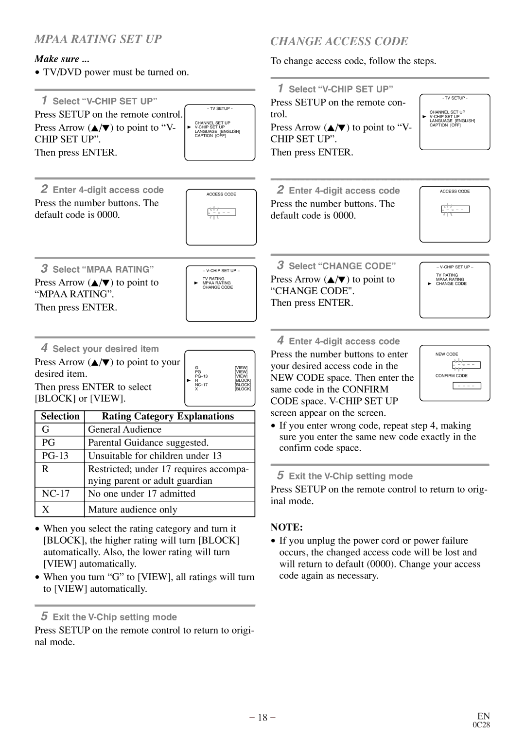 Symphonic COLOR TV/DVD owner manual Mpaa Rating SET UP, Change Access Code 