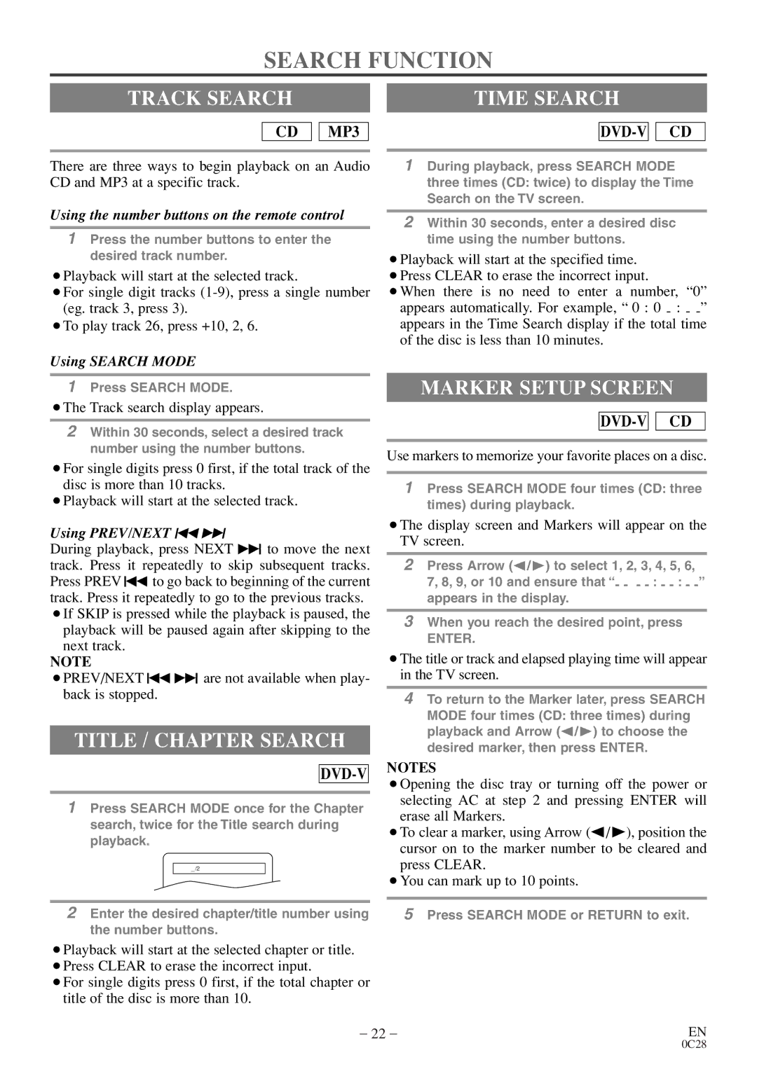 Symphonic COLOR TV/DVD owner manual Search Function, Track Search Time Search, Title / Chapter Search, Marker Setup Screen 