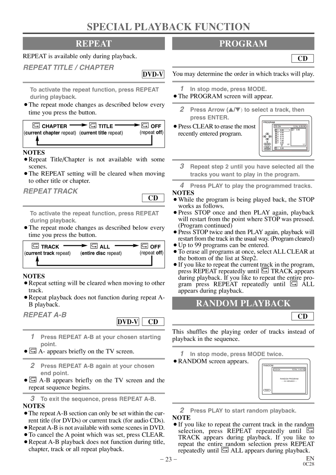 Symphonic COLOR TV/DVD owner manual Special Playback Function, Repeatprogram, Random Playback 