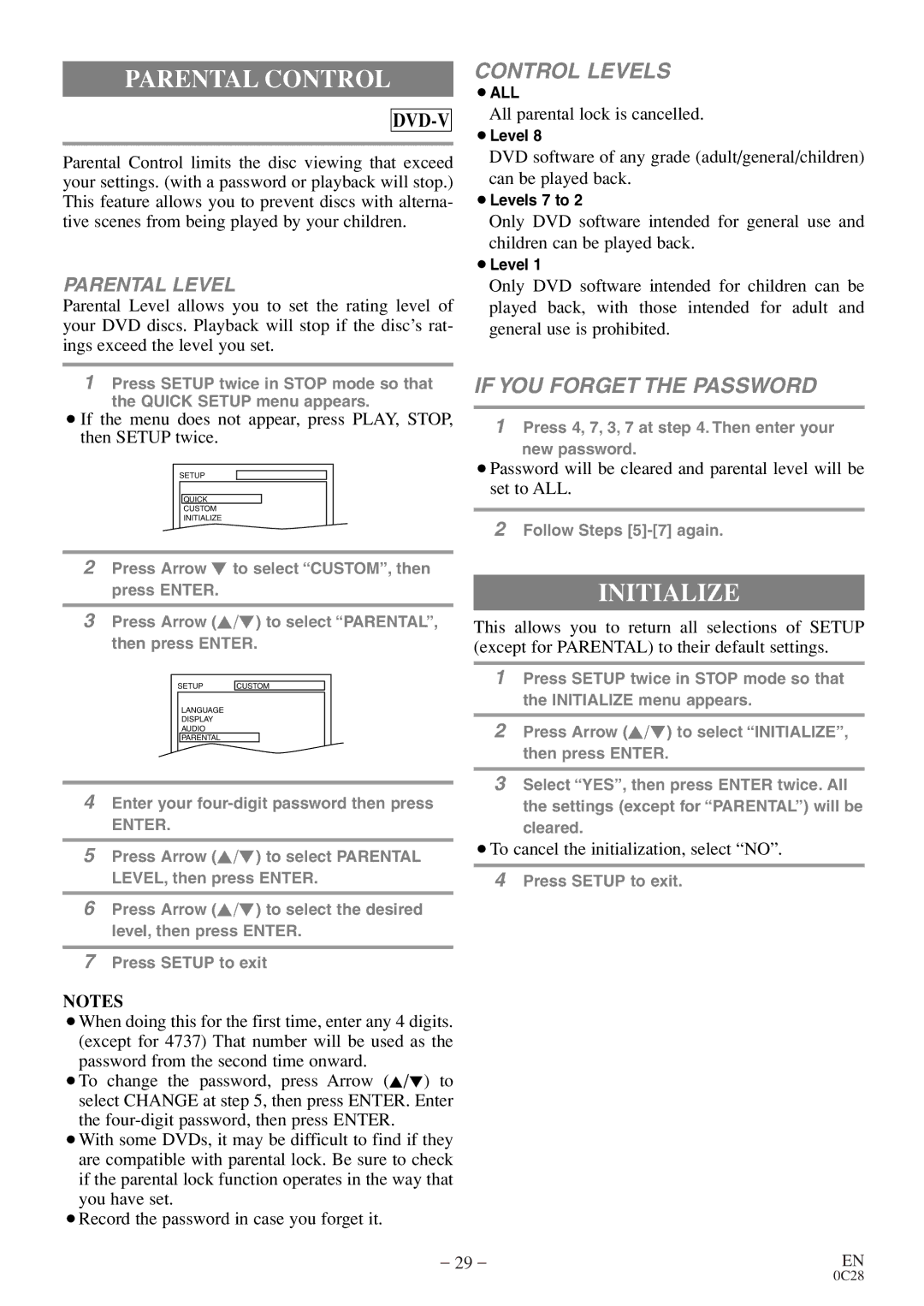 Symphonic COLOR TV/DVD owner manual Parental Control, Initialize 