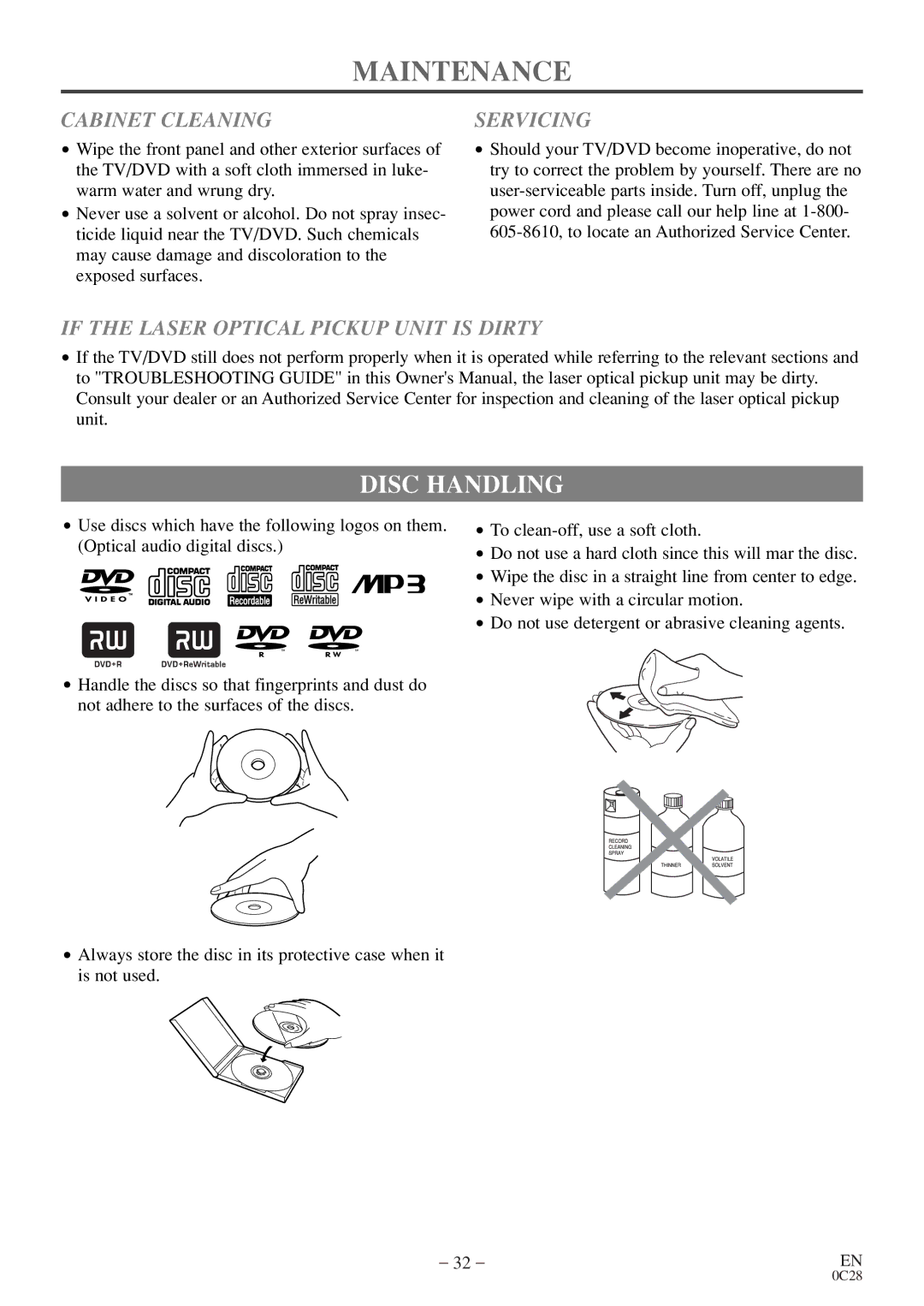 Symphonic COLOR TV/DVD Maintenance, Disc Handling, Cabinet Cleaning, Servicing, If the Laser Optical Pickup Unit is Dirty 