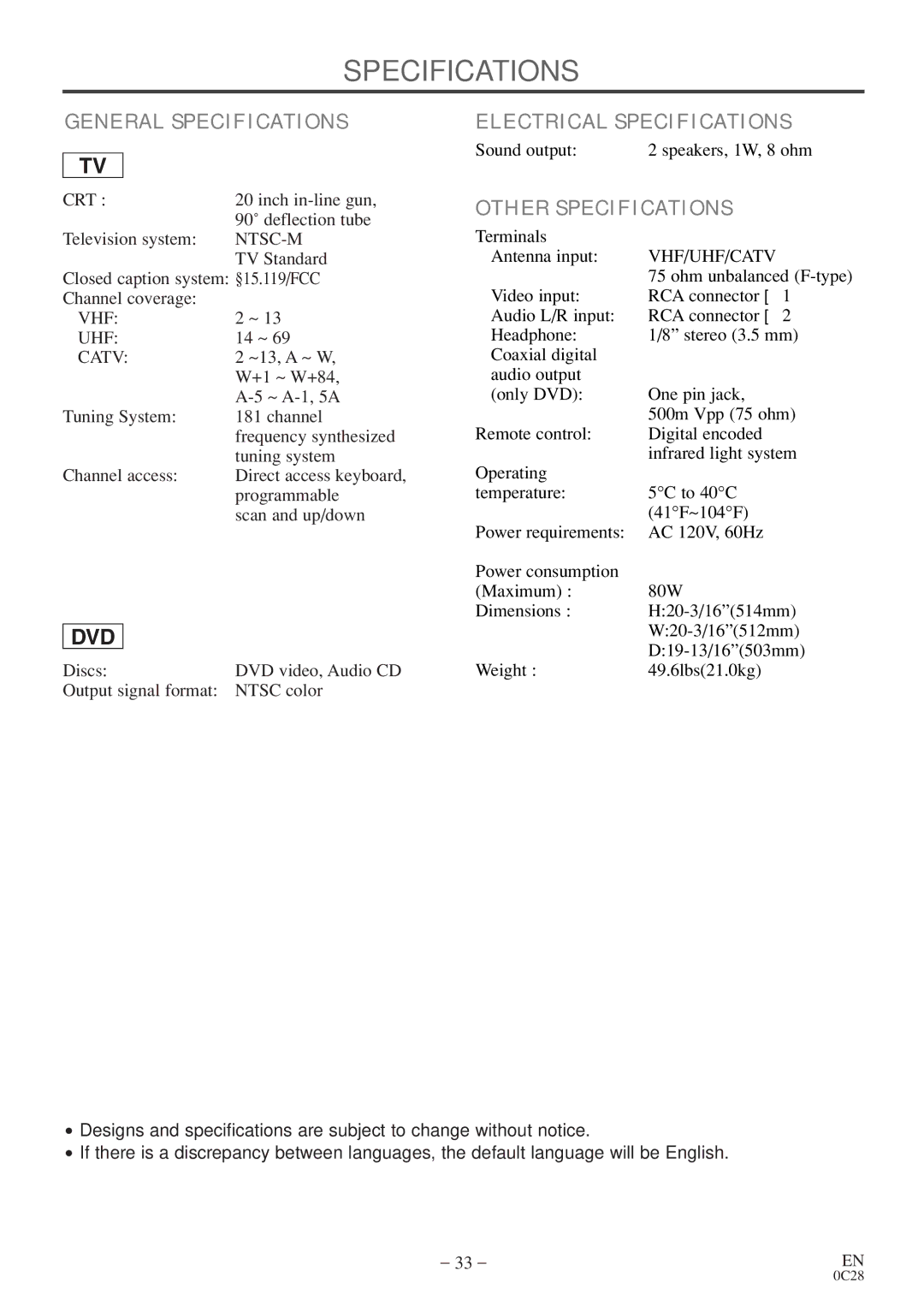 Symphonic COLOR TV/DVD owner manual General Specifications, Electrical Specifications, Other Specifications 