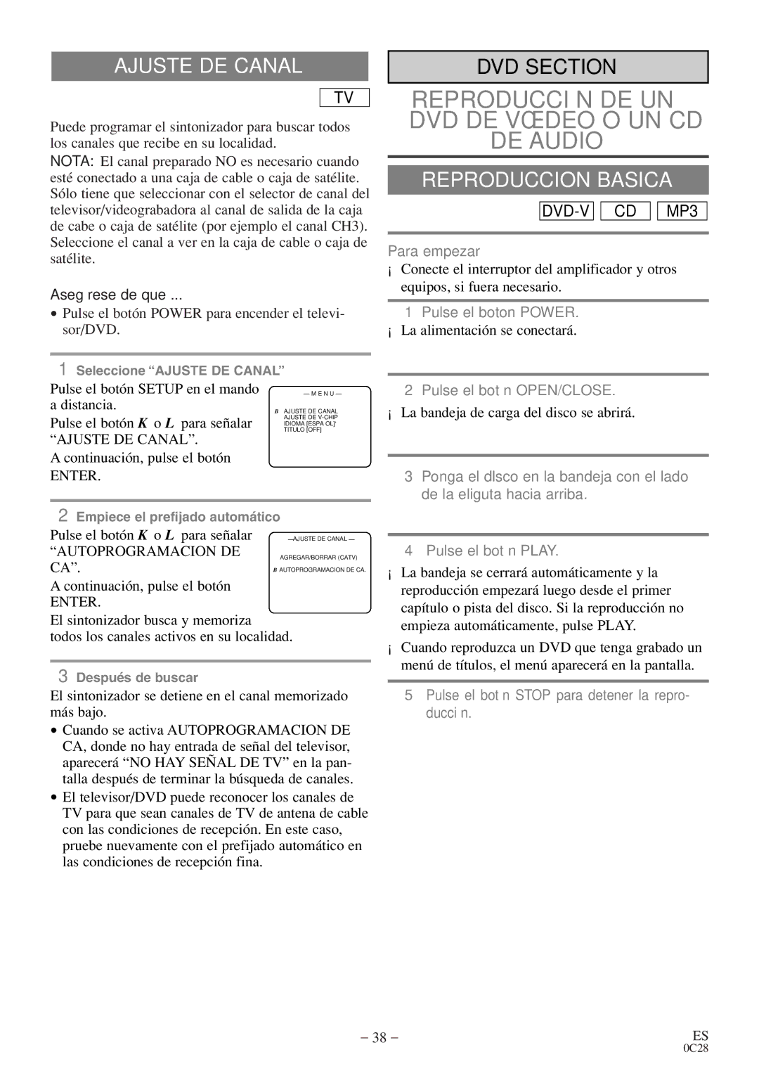 Symphonic COLOR TV/DVD owner manual Ajuste DE Canal, Reproduccion Basica, Autoprogramacion DE 