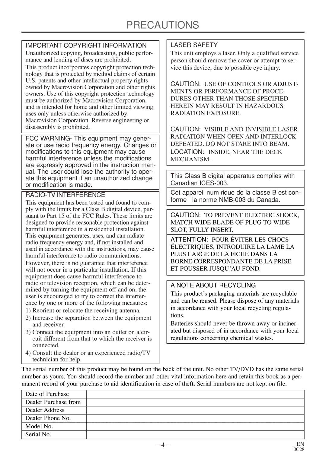 Symphonic COLOR TV/DVD owner manual Precautions, Important Copyright Information, RADIO-TV Interference, Laser Safety 