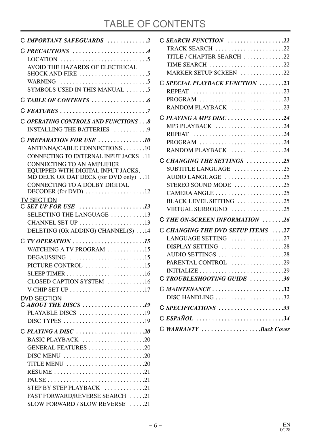 Symphonic COLOR TV/DVD owner manual Table of Contents 