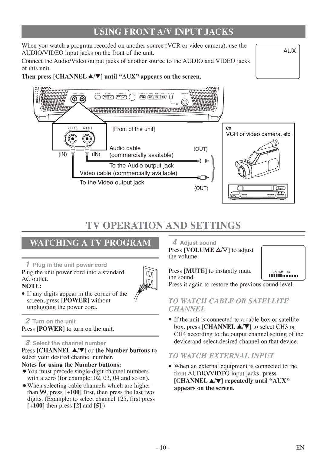 Symphonic CSC313E TV Operation and Settings, Using Front A/V Input Jacks, Watching a TV Program, To Watch External Input 