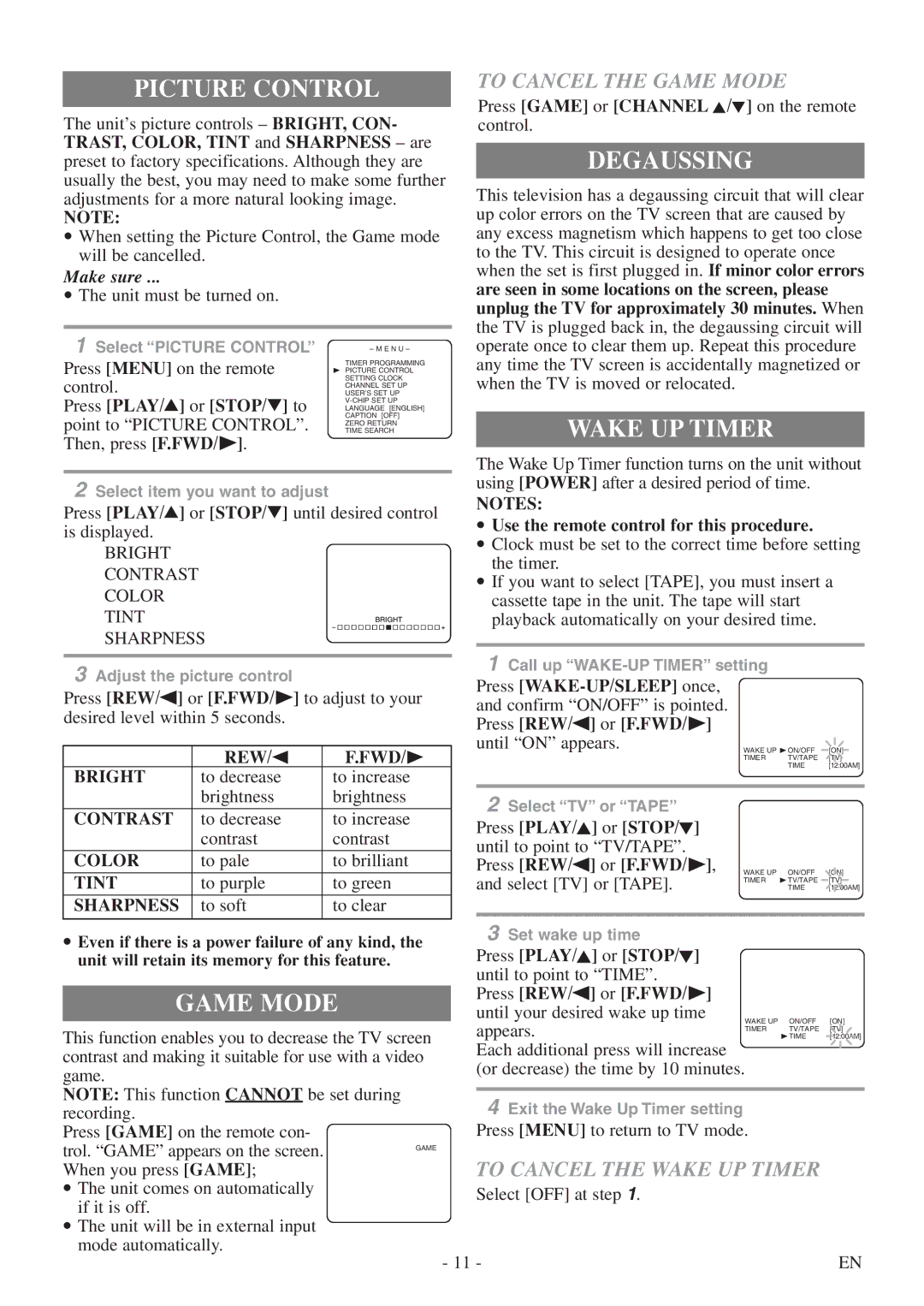 Symphonic CSC313E owner manual Picture Control, Degaussing, Wake UP Timer, Game Mode 