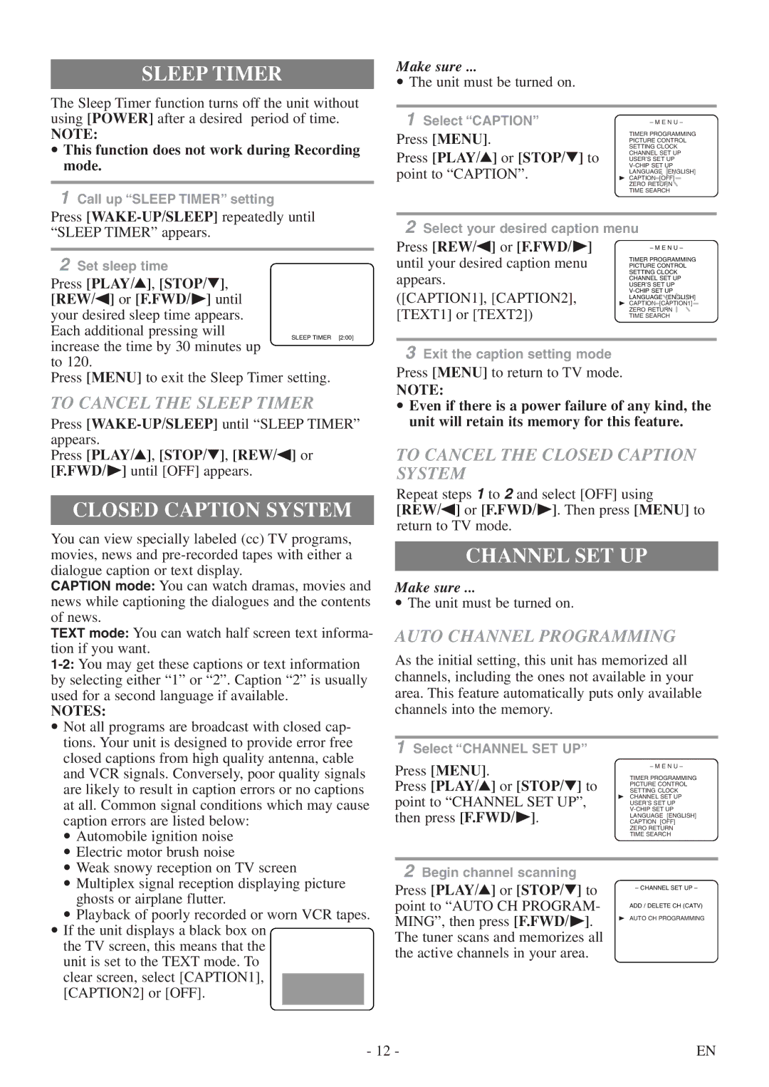 Symphonic CSC313E owner manual Sleep Timer, Closed Caption System, Channel SET UP 