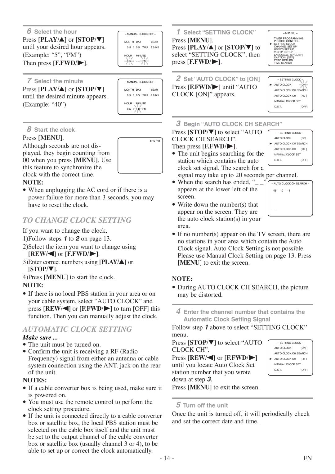 Symphonic CSC313E owner manual To Change Clock Setting, Automatic Clock Setting, Press F.FWD/ B, Clock CH Search 