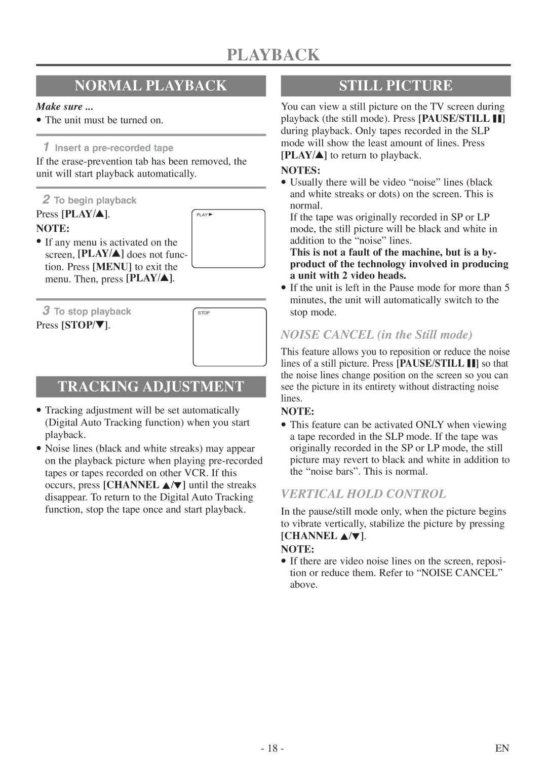 Symphonic CSC313E owner manual Normal Playback, Tracking Adjustment, Still Picture, Vertical Hold Control 