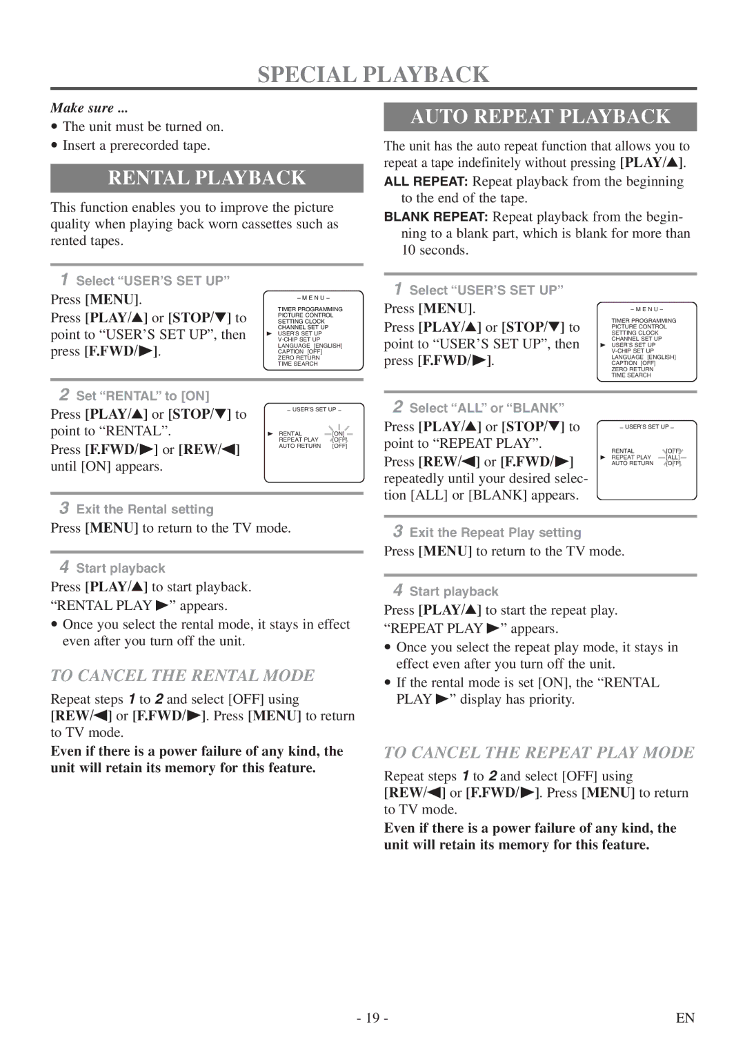 Symphonic CSC313E owner manual Special Playback, Rental Playback, Auto Repeat Playback, To Cancel the Rental Mode 