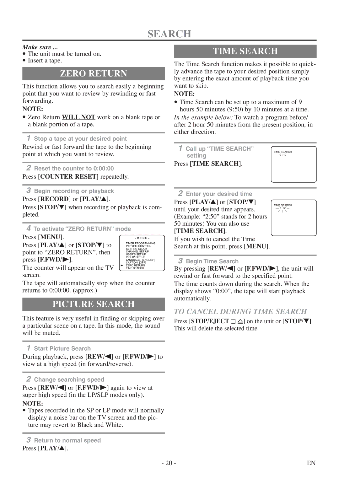 Symphonic CSC313E owner manual Zero Return, Picture Search, To Cancel During Time Search 