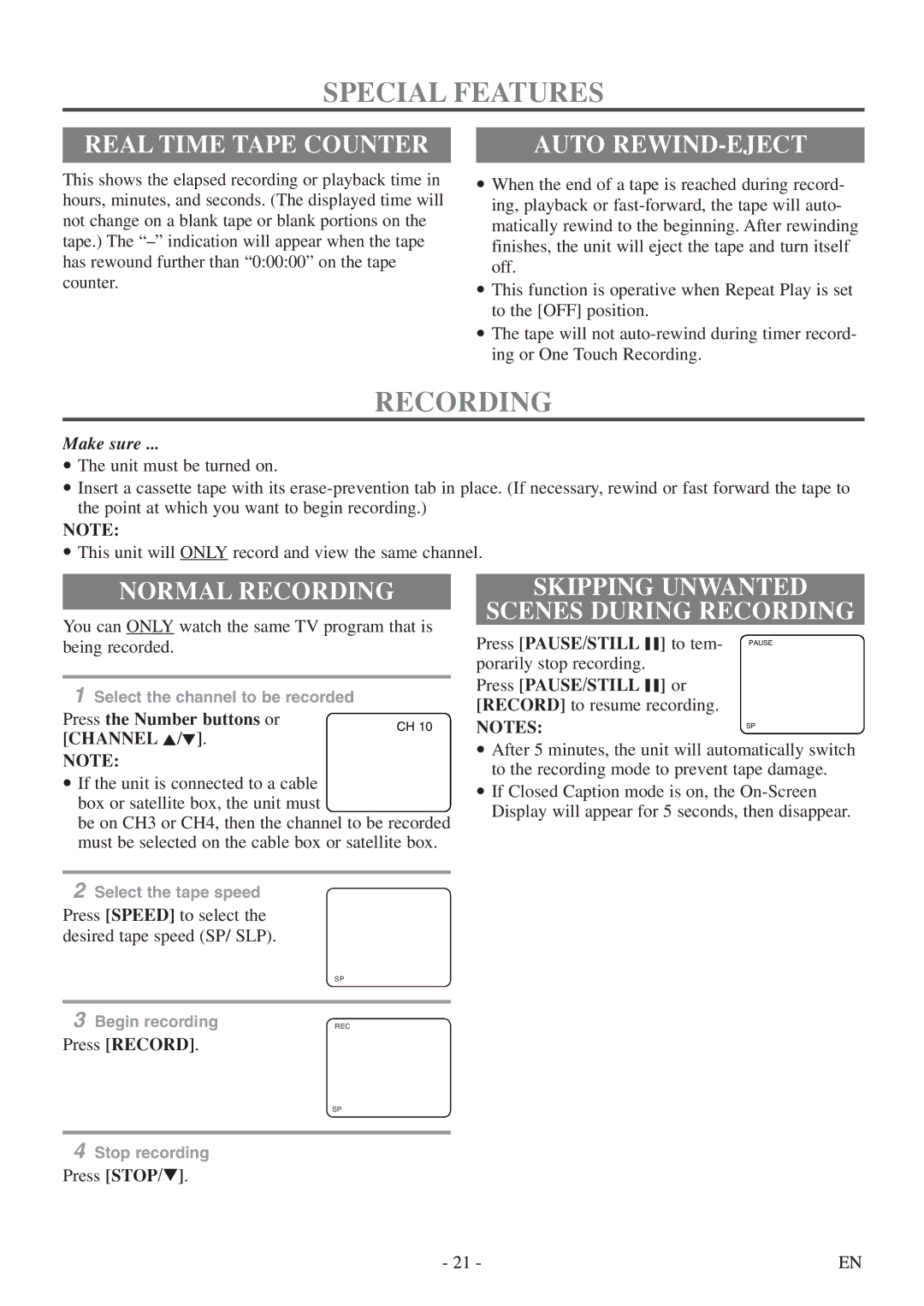 Symphonic CSC313E owner manual Special Features, Recording 