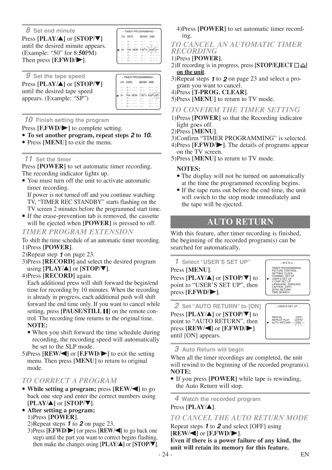 Symphonic CSC313E owner manual Auto Return 