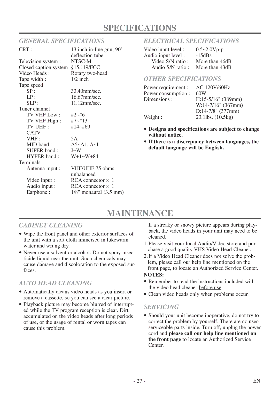 Symphonic CSC313E owner manual Specifications, Maintenance 