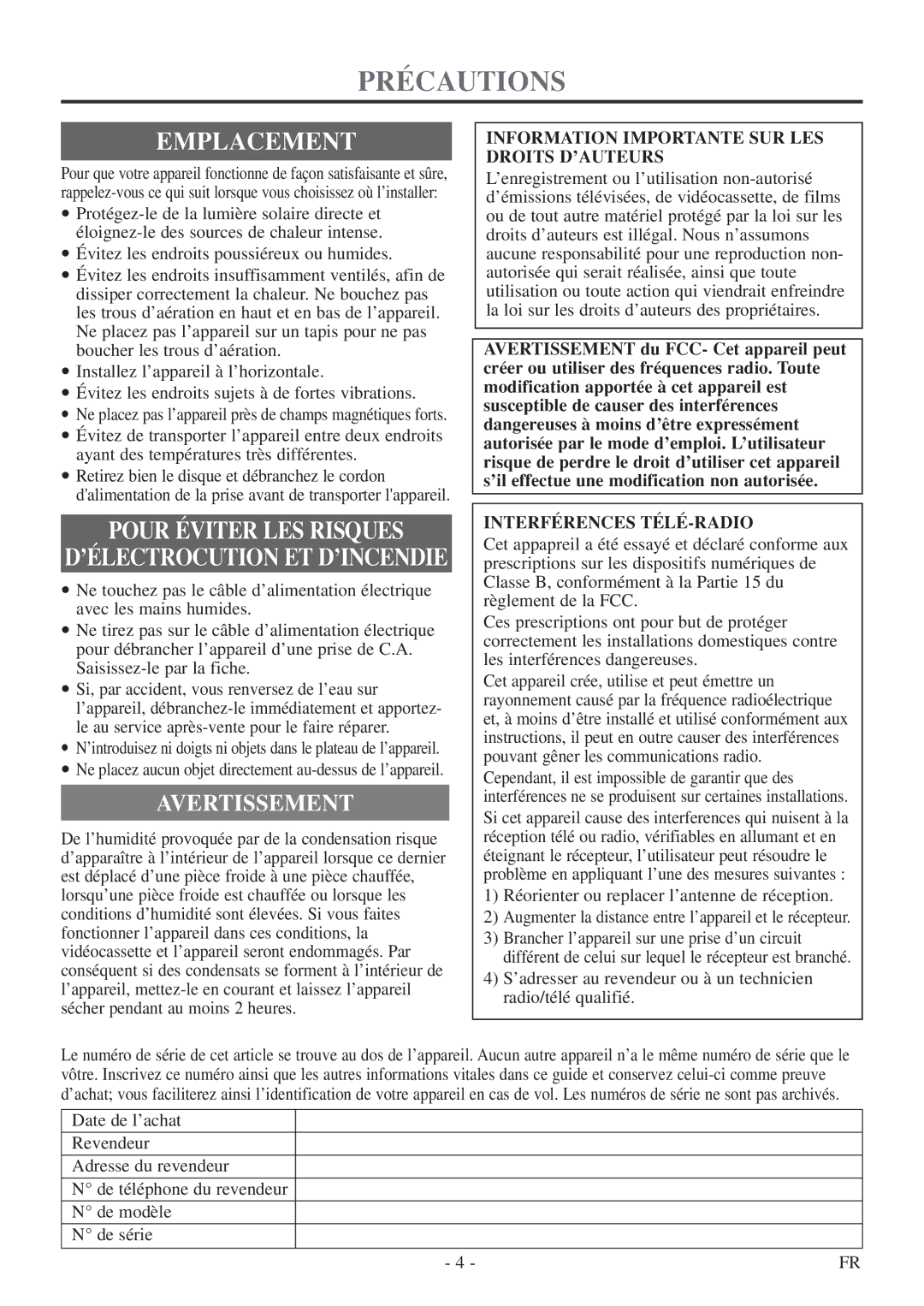 Symphonic CSC313E owner manual Emplacement, Pour Éviter LES Risques, Information Importante SUR LES Droits D’AUTEURS 