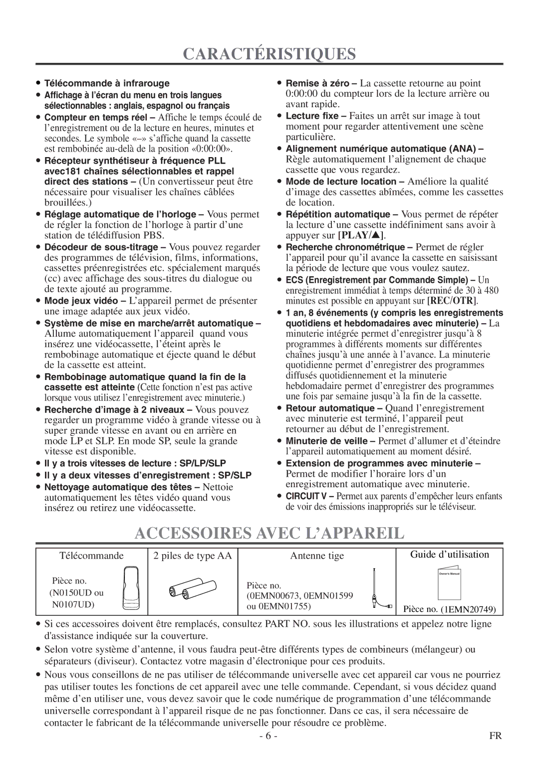 Symphonic CSC313E Accessoires Avec L’APPAREIL, Télécommande, Piles de type AA Antenne tige, Guide d’utilisation 