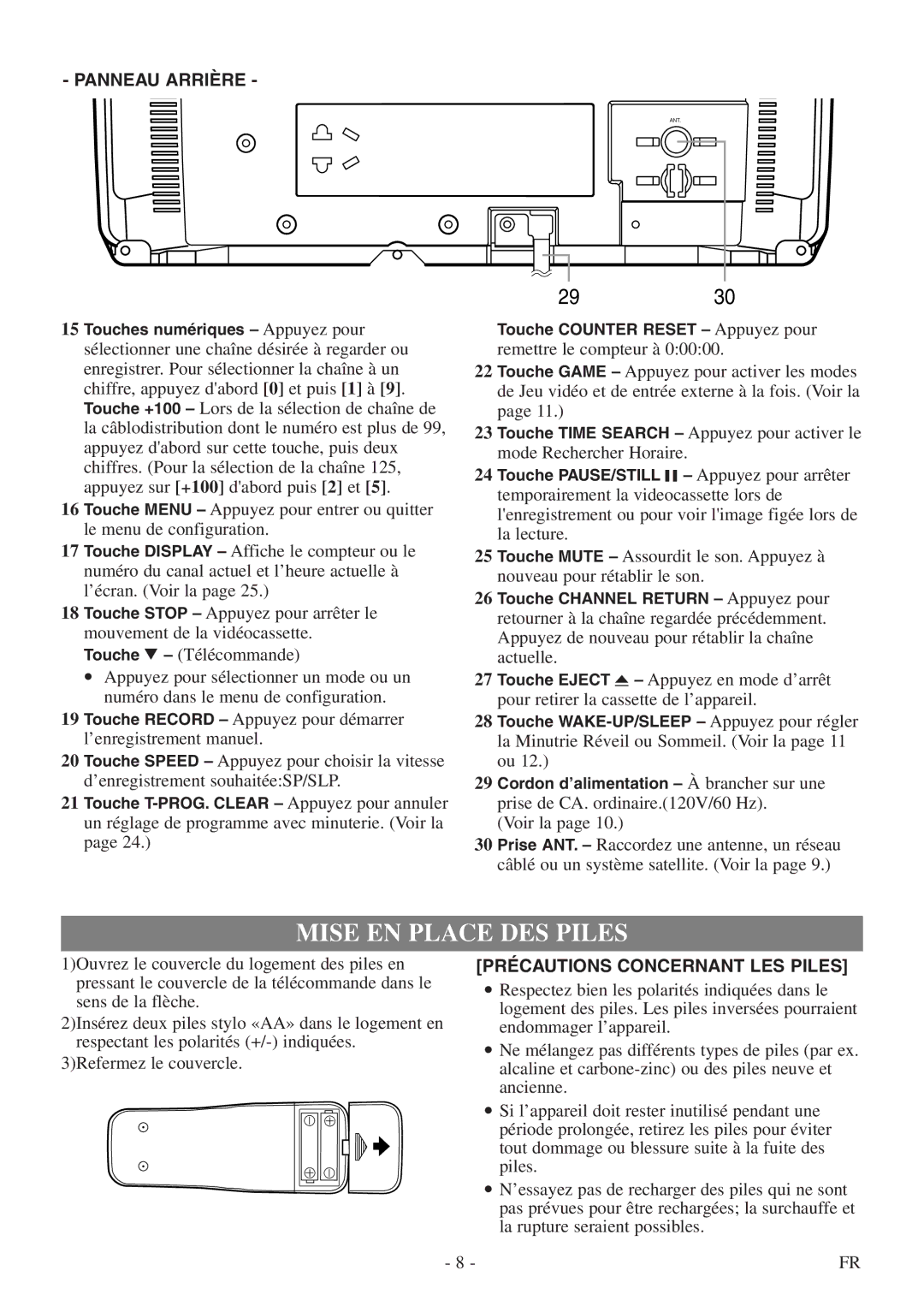 Symphonic CSC313E owner manual Mise EN Place DES Piles, Panneau Arrière 