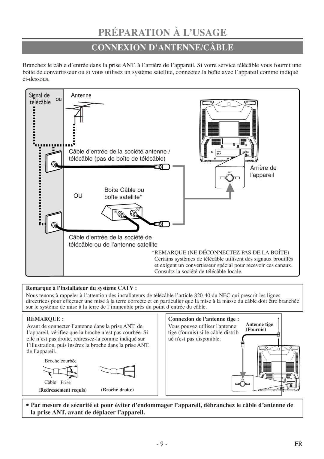 Symphonic CSC313E owner manual Préparation À L’USAGE, Connexion D’ANTENNE/CÂBLE 