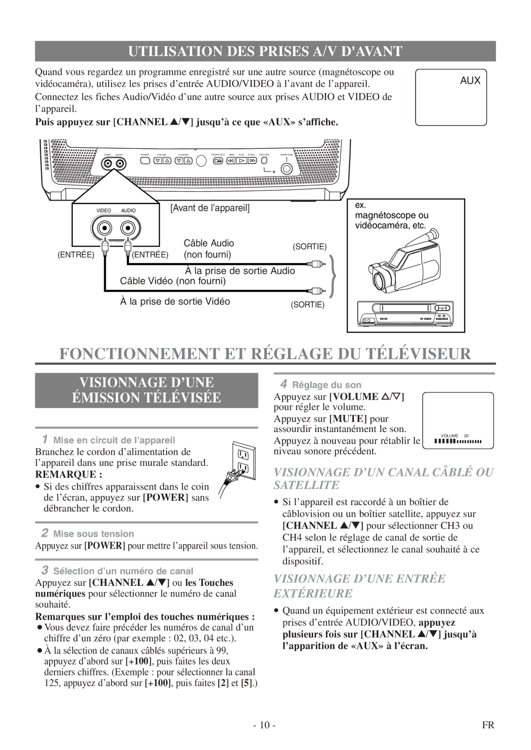 Symphonic CSC313E owner manual Fonctionnement ET Réglage DU Téléviseur, Utilisation DES Prises A/V Davant, Remarque 