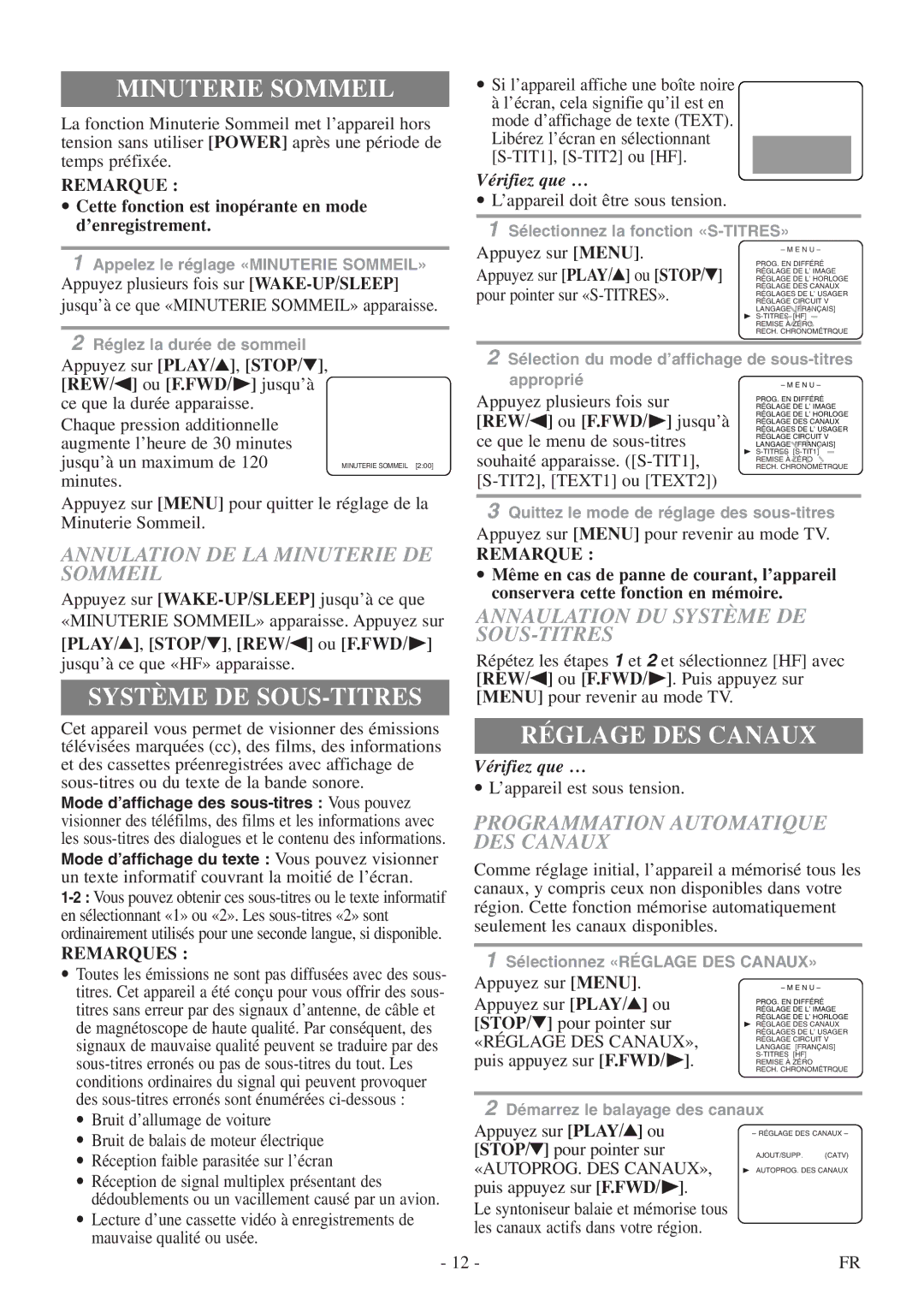 Symphonic CSC313E owner manual Minuterie Sommeil, Système DE SOUS-TITRES, Réglage DES Canaux 