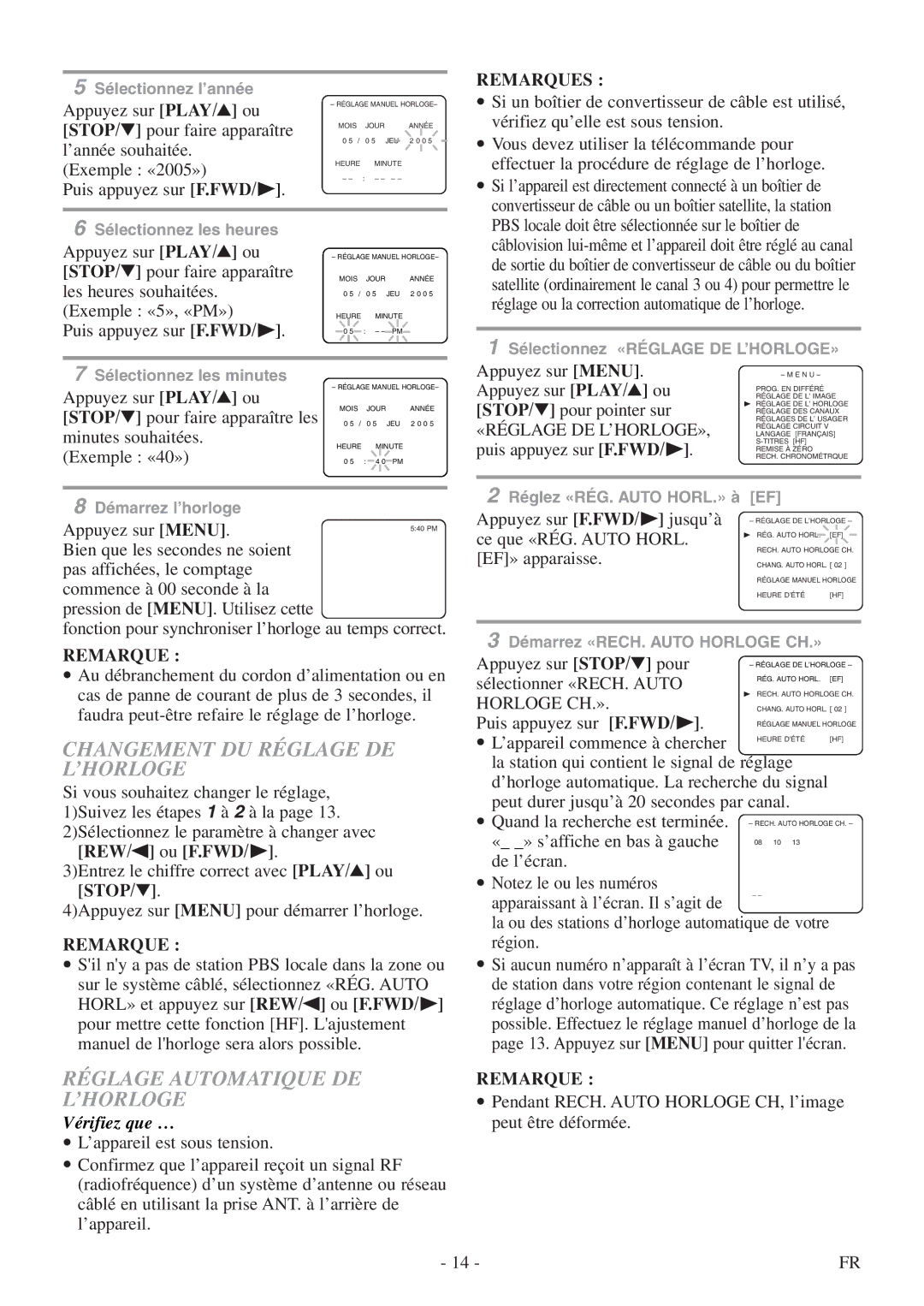 Symphonic CSC313E owner manual Changement DU Réglage DE L’HORLOGE, Réglage Automatique DE L’HORLOGE, REW/s ou F.FWD/ B 