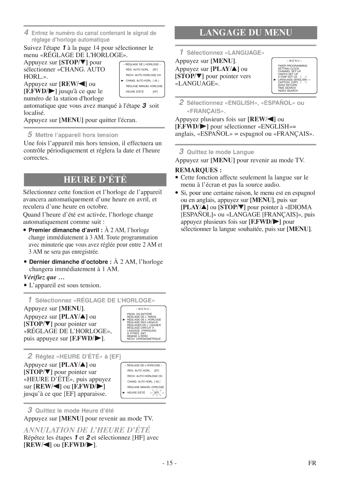 Symphonic CSC313E Heure D’ÉTÉ, Langage DU Menu, Annulation DE L’HEURE D’ÉTÉ, Sur REW/ s ou F.FWD/ B, «Language» 