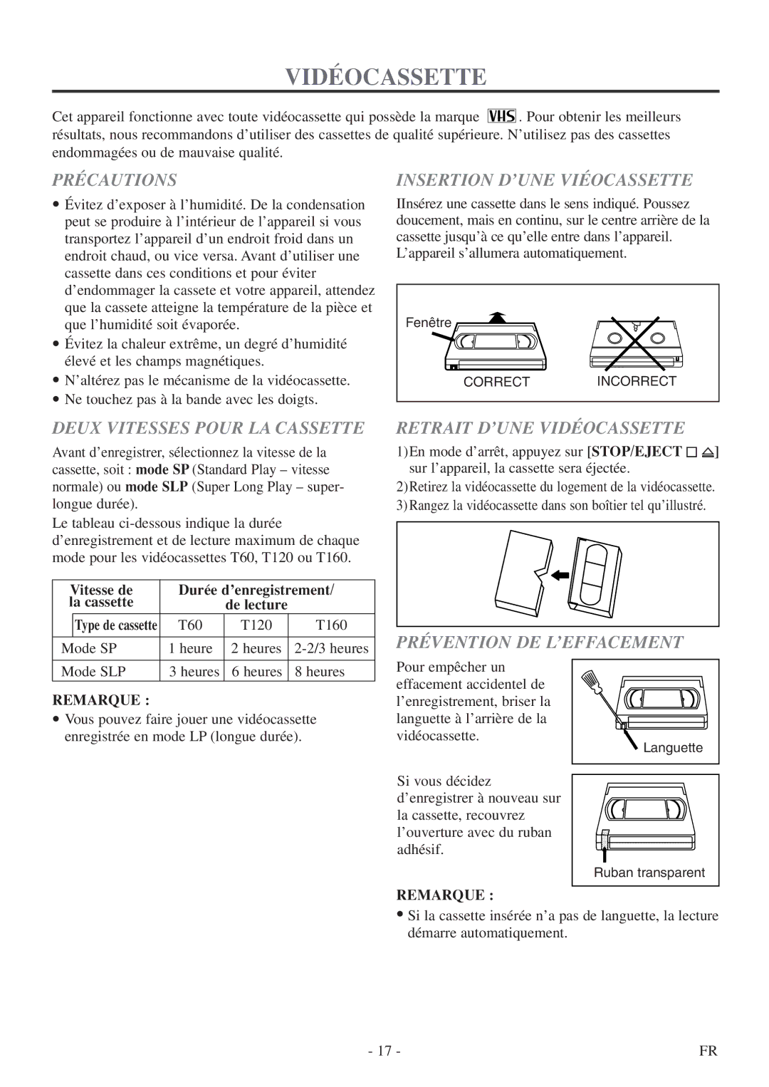 Symphonic CSC313E Vitesse de Durée d’enregistrement La cassette De lecture, T60 T120 T160 Mode SP Heure Heures 3 heures 