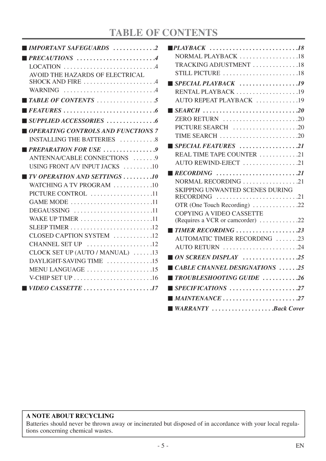 Symphonic CSC313E owner manual Table of Contents 