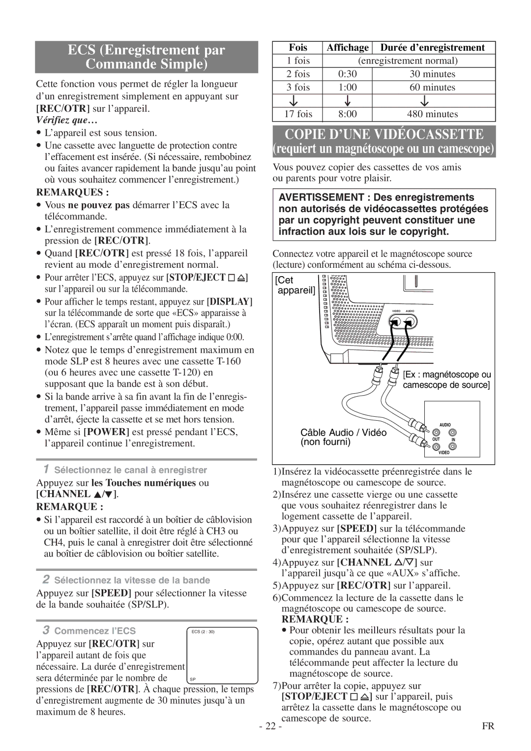 Symphonic CSC313E owner manual Fois Affichage Durée d’enregistrement, Appuyez sur les Touches numériques ou Channel K/L 