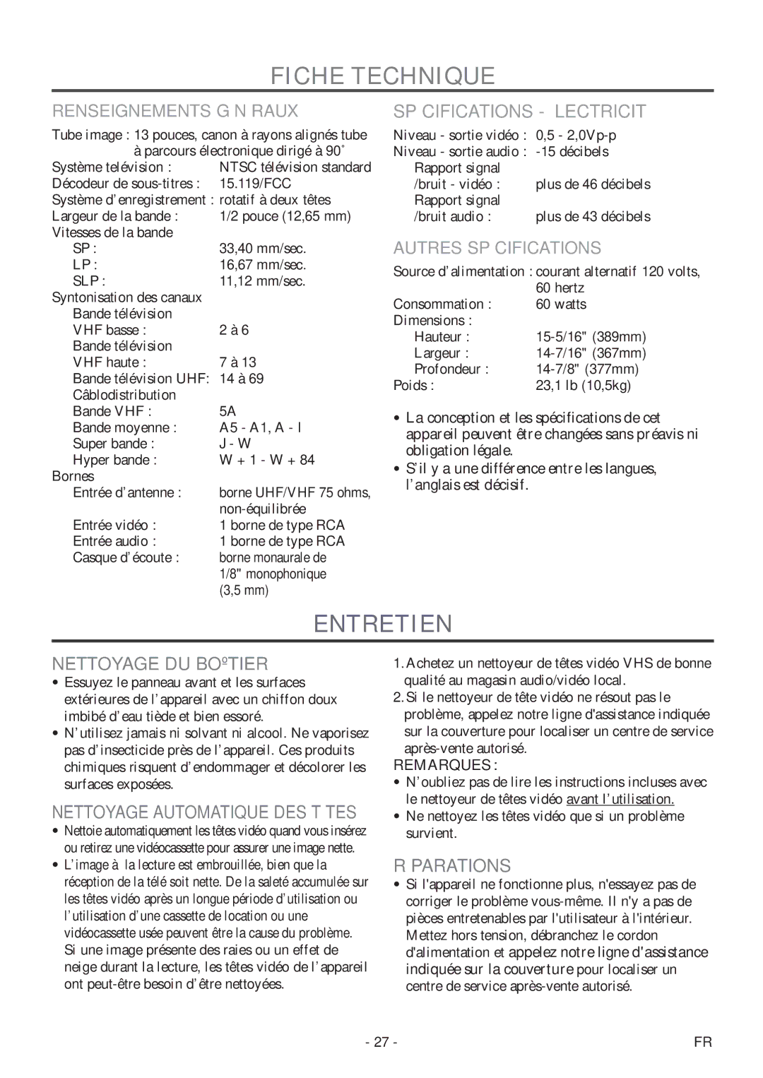 Symphonic CSC313E owner manual Fiche Technique, Spécifications Électricité, 11,12 mm/sec 