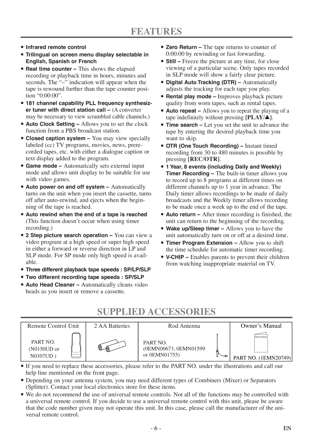 Symphonic CSC313E owner manual Features, Supplied Accessories 