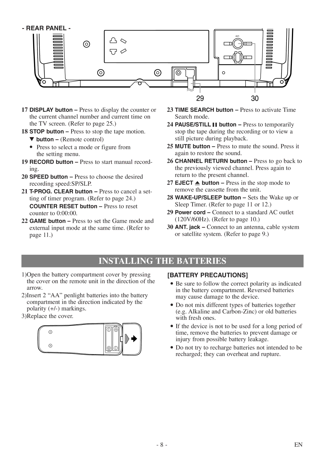 Symphonic CSC313E owner manual Installing the Batteries, Time Search button Press to activate Time Search mode 