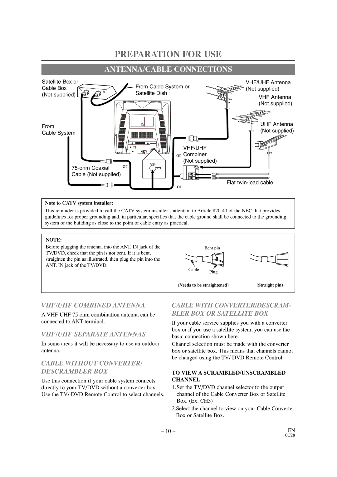 Symphonic CSC520DE Preparation for USE, ANTENNA/CABLE Connections, VHF/UHF Combined Antenna, VHF/UHF Separate Antennas 