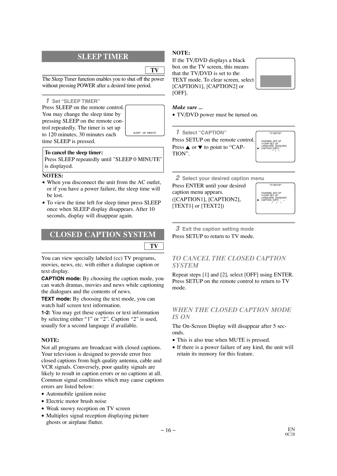 Symphonic CSC520DE owner manual Sleep Timer, To Cancel the Closed Caption System, When the Closed Caption Mode is on 