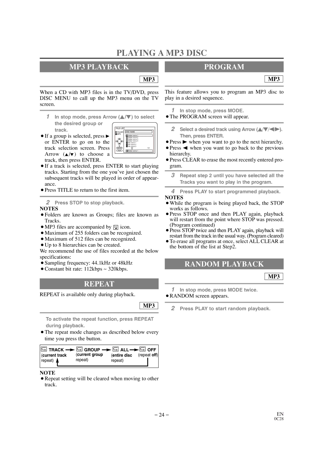 Symphonic CSC520DE owner manual Playing a MP3 Disc, MP3 Playback, Program, Repeat 